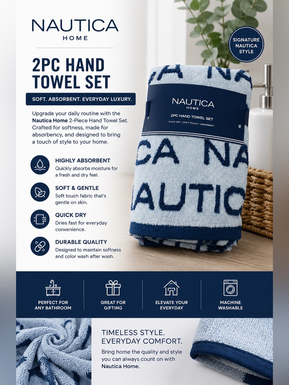 🩷. 7007 Nautica Light Blue and Navy Logo Hand Towel Set